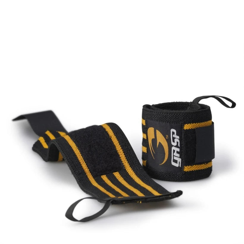 Mustat Gasp Hardcore Wrist Wraps Black -rannetuet oransseilla raidoilla ja tarrakiinnityksellä raskaisiin nostoihin.