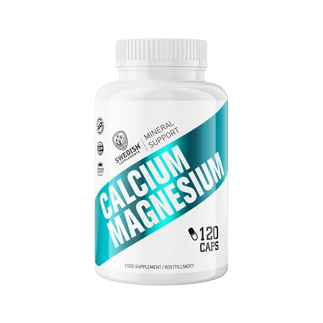Swedish Supplements Calcium + Magnesium 120 caps -ravintolisä valkoisessa purkissa turkooseilla yksityiskohdilla.