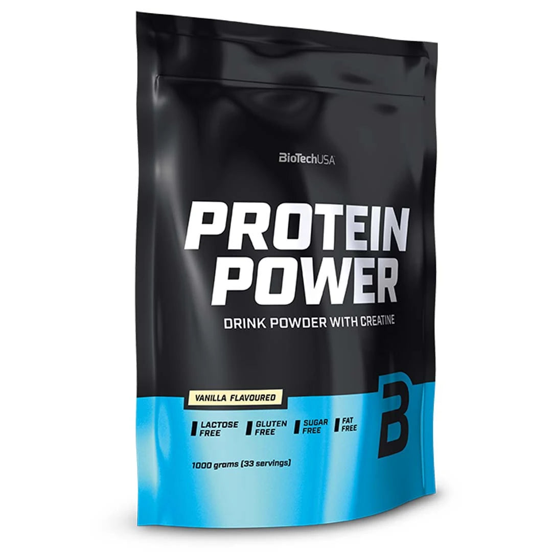 BioTechUSA Protein Power 1 kg -proteiinijauhe musta-vaaleansinisessä pussissa, makuna Vanilla.