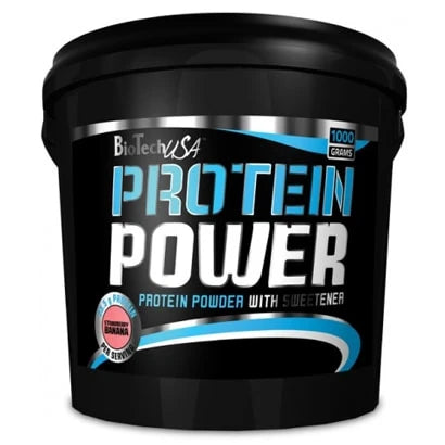 BioTechUSA Protein Power 4 kg -proteiinijauhe mustassa ämpärissä sinisillä yksityiskohdilla, makuna Strawberry Banana.