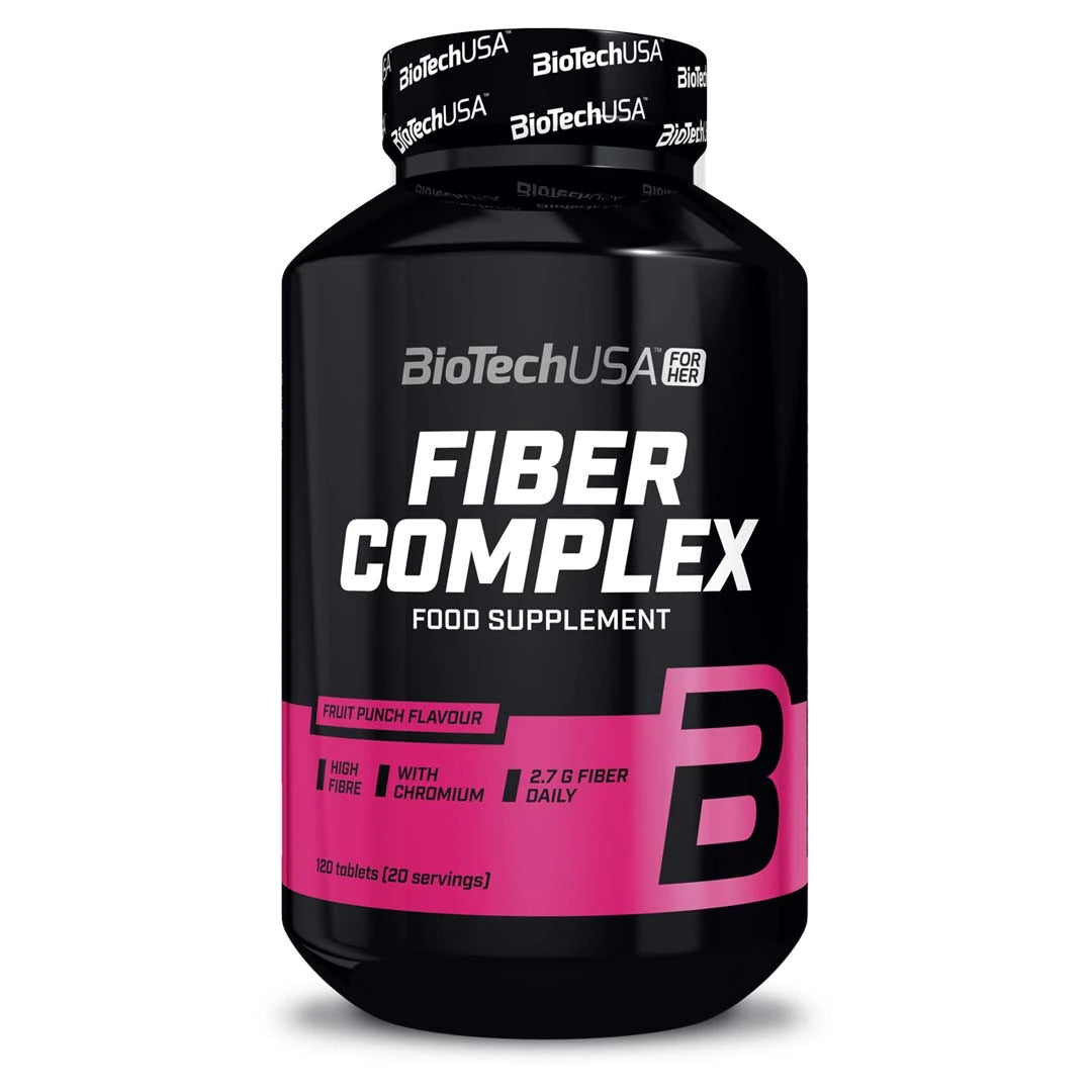 Hedelmänmakuinen BioTechUSA Fiber Complex 120 tabs mustassa purkissa pinkeillä yksityiskohdilla.