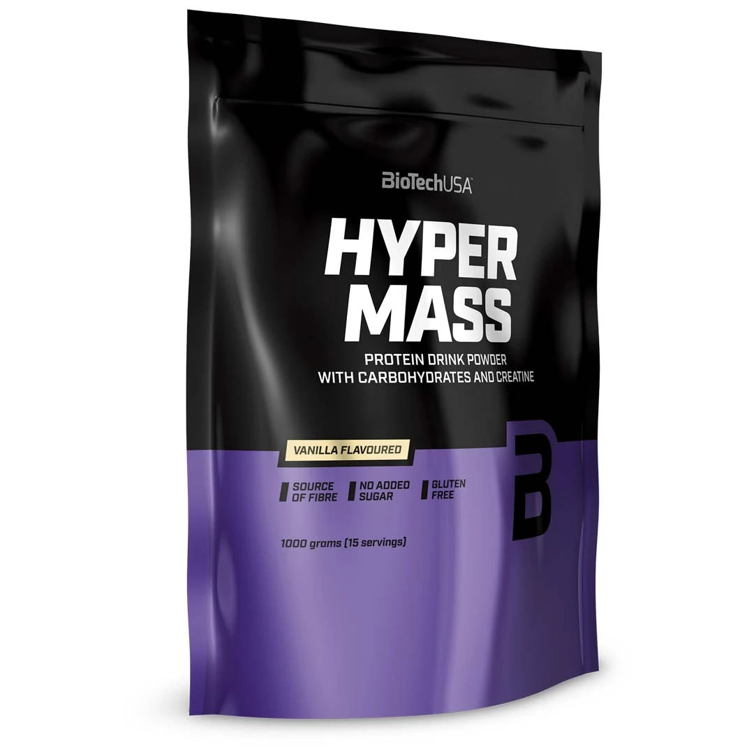 BioTechUSA Hyper Mass 1 kg -gainer mustassa ja liilassa pussissa, makuna Vanilla.