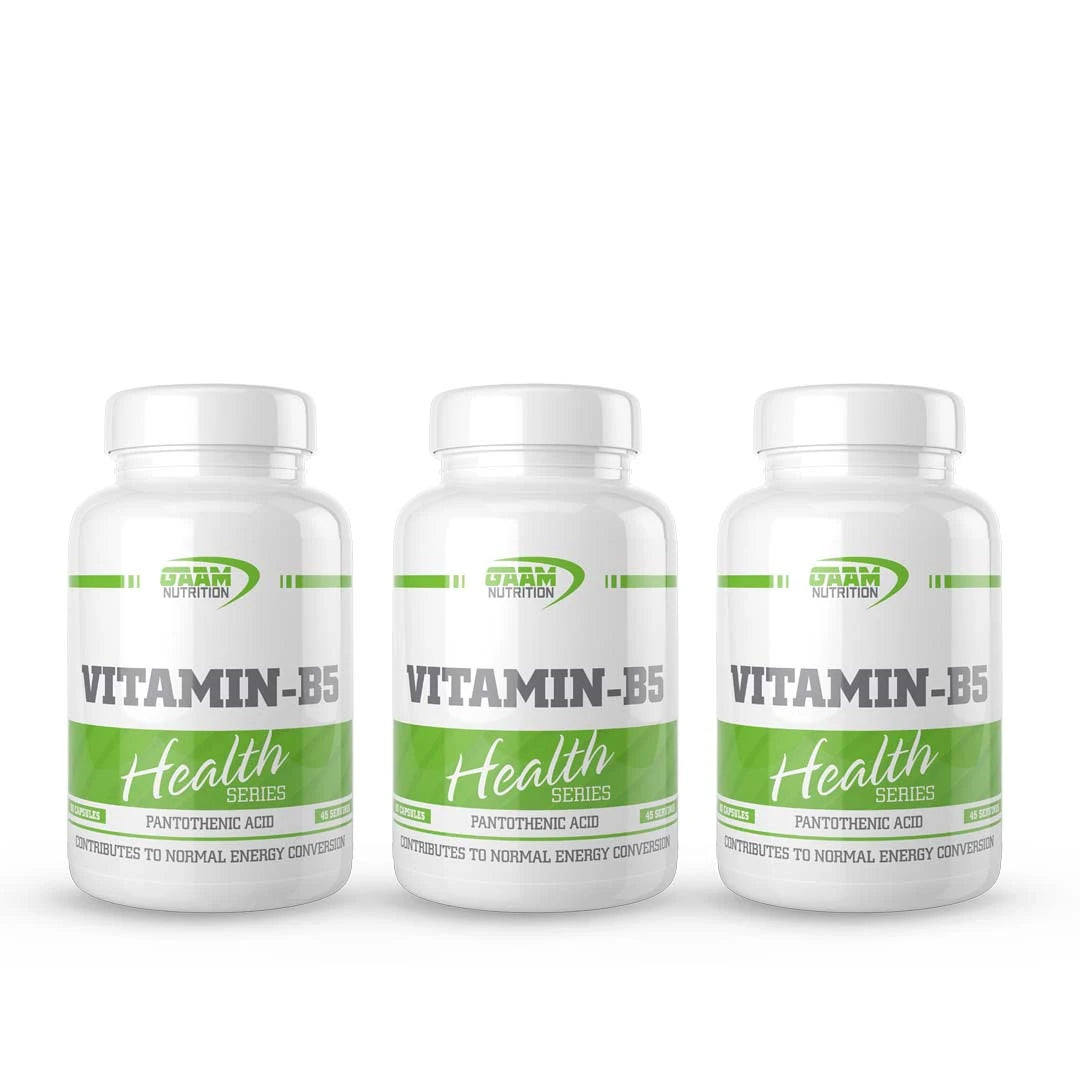 3 x GAAM Vitamin B5 90 caps -vitamiinilisä kolmessa valkoisessa muovipurkissa vihreillä ja harmailla yksityiskohdilla.