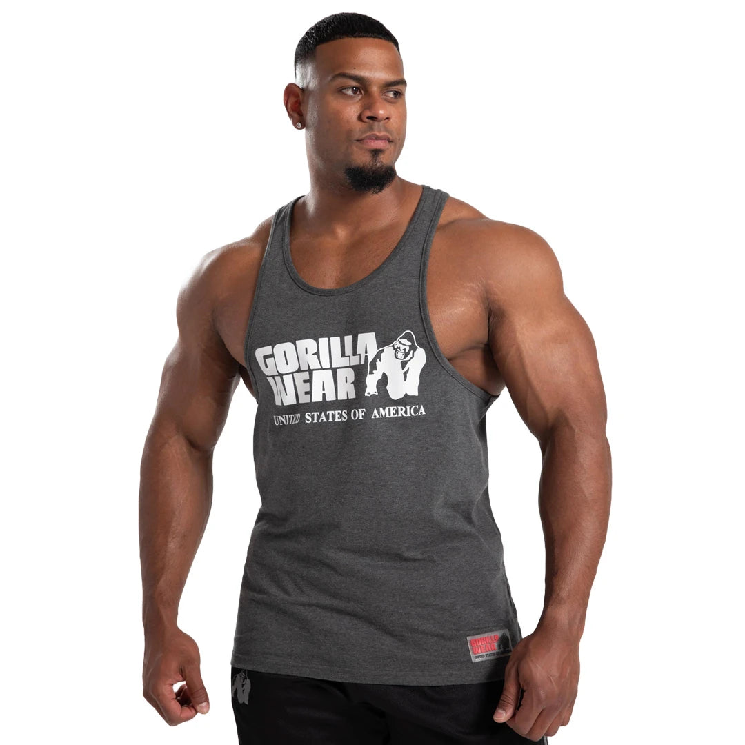 Gorilla Wear Classic Tank Top Dark Grey, tummanharmaa puuvillainen painijanselkätoppi valkoisella logolla., kuva 3/7