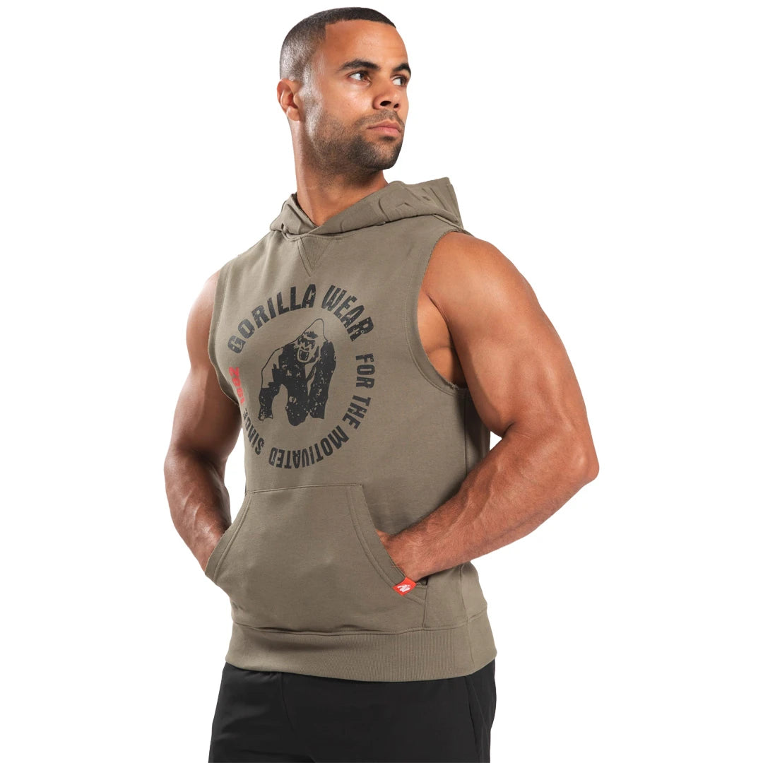 Gorilla Wear Marshall Sleeveless Hoodie Army Green, hihaton vihreä treenihuppari isolla rintapainatuksella ja etutaskulla., kuva 4/8