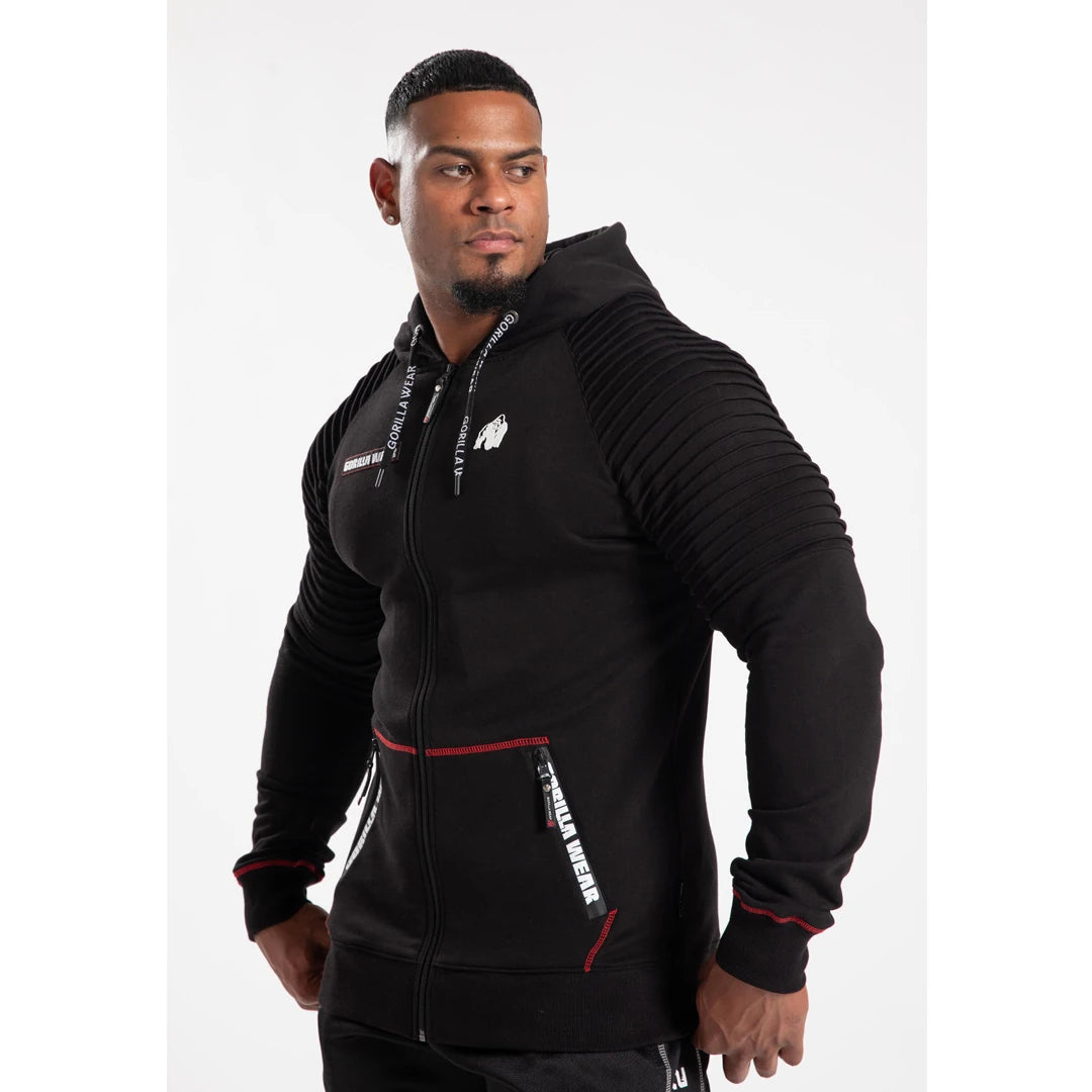 Gorilla Wear Georgia Zipped Hoodie Black, musta vetoketjuhuppari uurretuilla olkapäillä ja punaisilla yksityiskohdilla., kuva 7/8