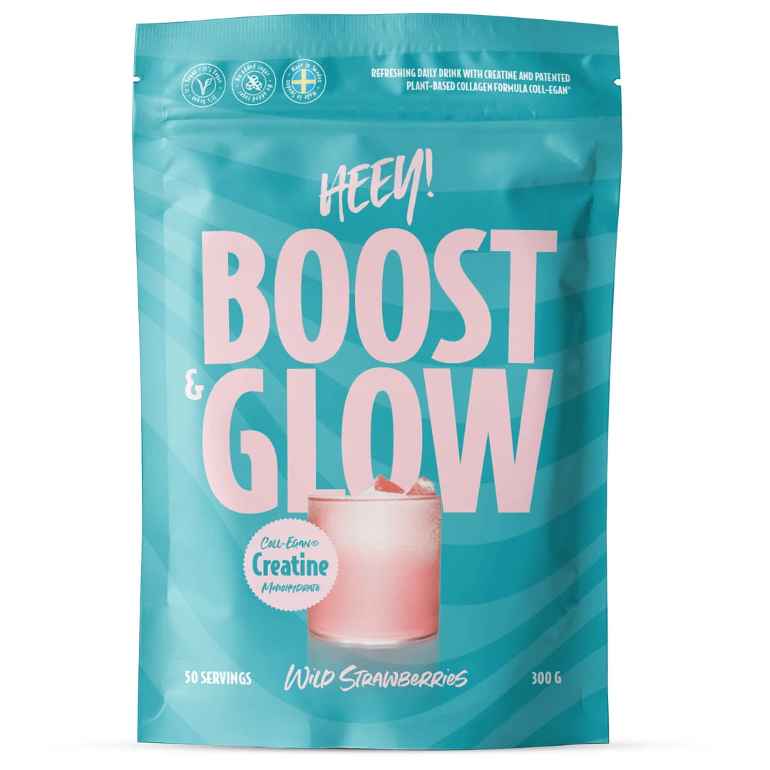 Heey! Boost &amp; Glow Creatine + Coll-egan® 300 g -kreatiinijauhe turkoosissa pussissa, maku Wild Strawberries., kuva 3/3