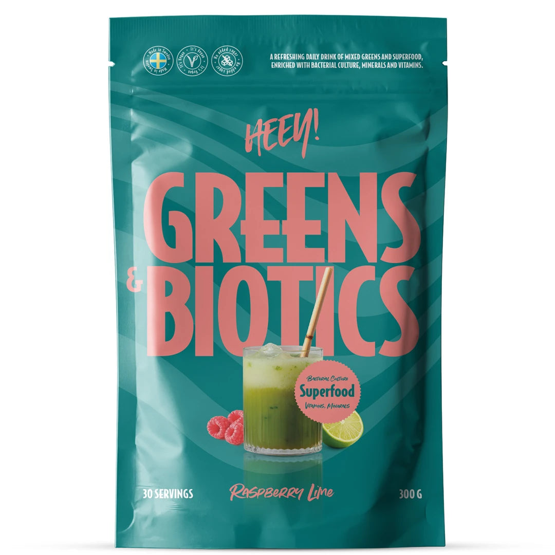 Heey! Greens & Biotics Superfood + Probiotics 300 g -jauhe turkoosissa pussissa, makuna Raspberry Lime.
