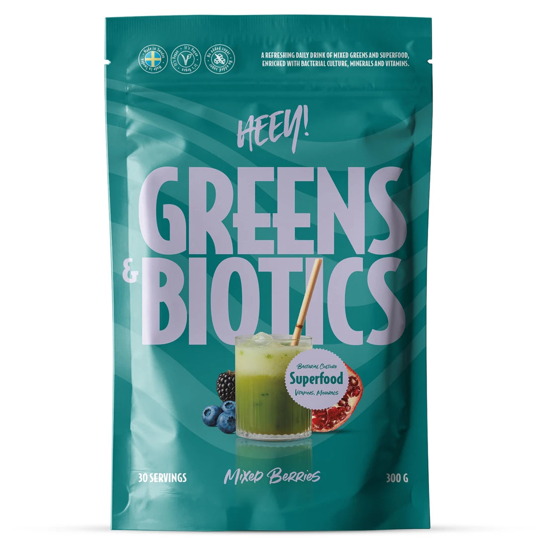 Heey! Greens & Biotics Superfood + Probiotics 300 g -jauhe turkoosissa pussissa, makuna Mixed Berries.