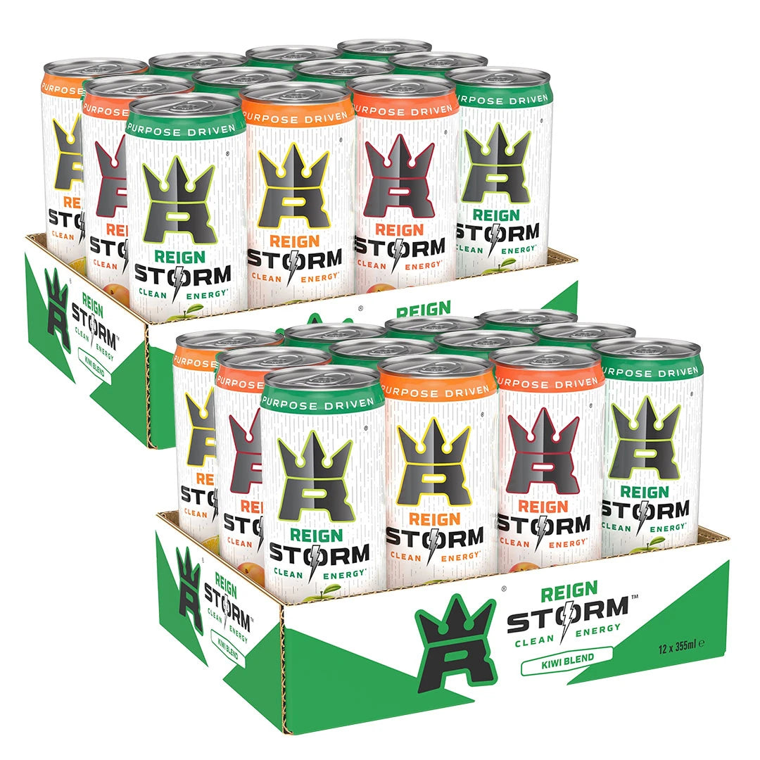 24 x Reign Storm Energy 355 ml Mixflak kahdessa pahvilaatikossa, joissa on valkoisia energiajuomatölkkejä ja värikkäitä yksityiskohtia eri mauille.