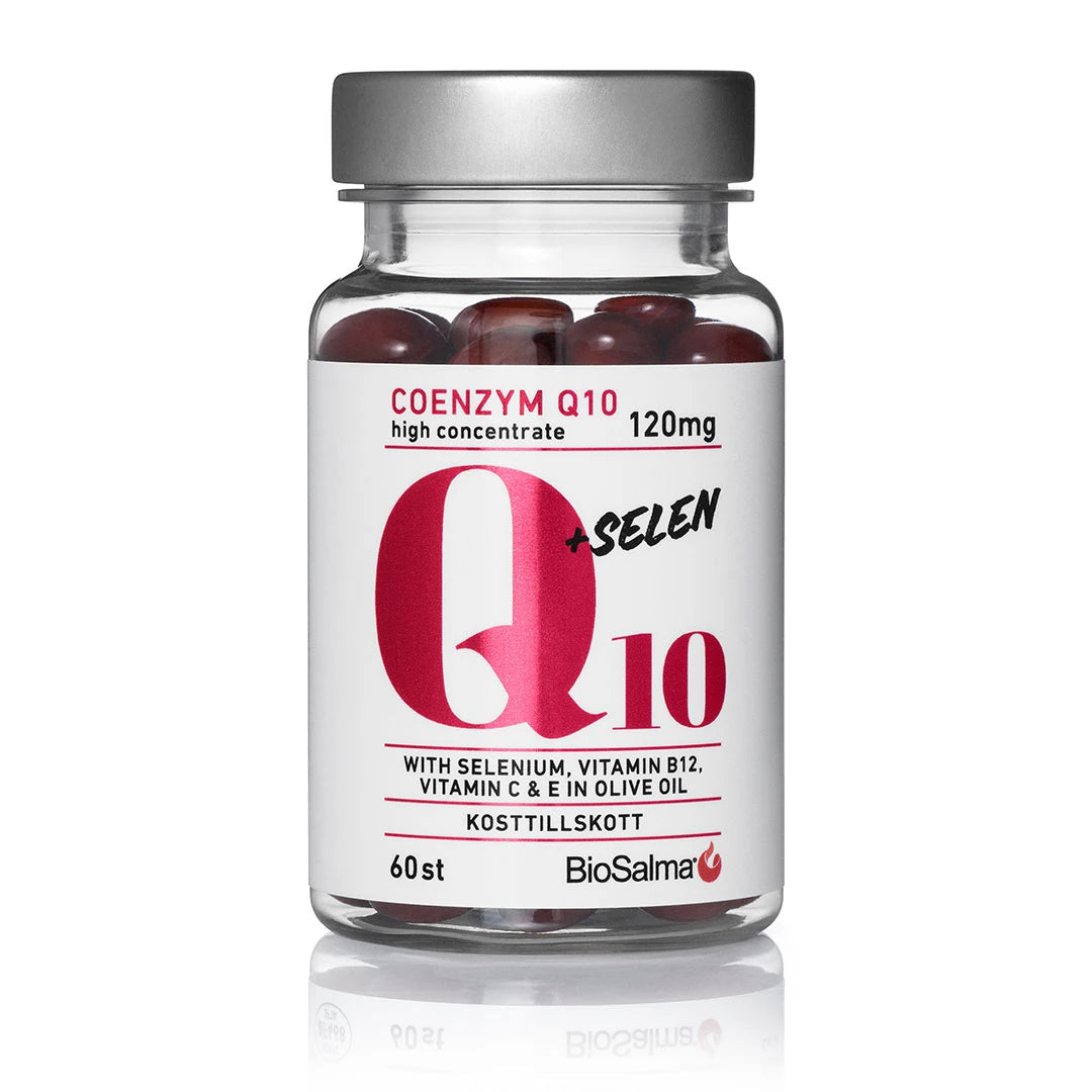 BioSalma Q10 Coenzym 120mg + selen 60 caps läpinäkyvässä purkissa, jonka valkoisessa etiketissä on pinkki teksti.