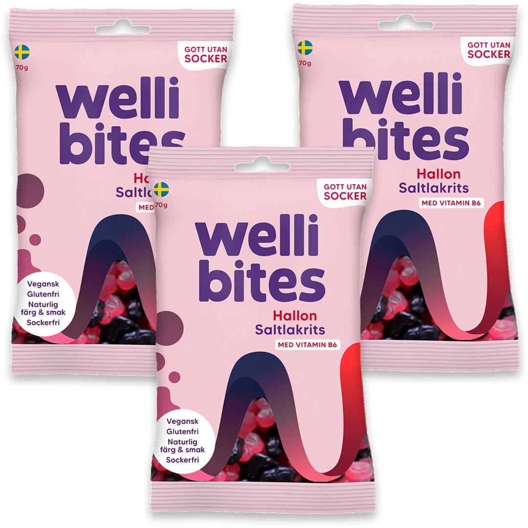3 x Wellibites Candy 70 g Hallon & Saltlakrits sokeritonta karkkia kolmessa vaaleanpunaisessa pussissa.