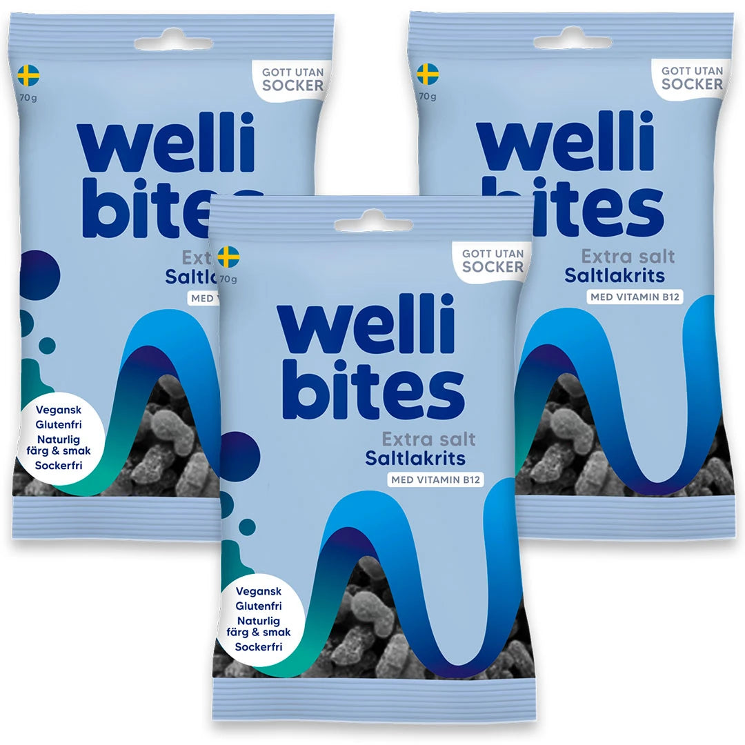 3 x Wellibites Candy 70 g Extra salt Saltlakrits kolmessa vaaleansinisessä pussissa.