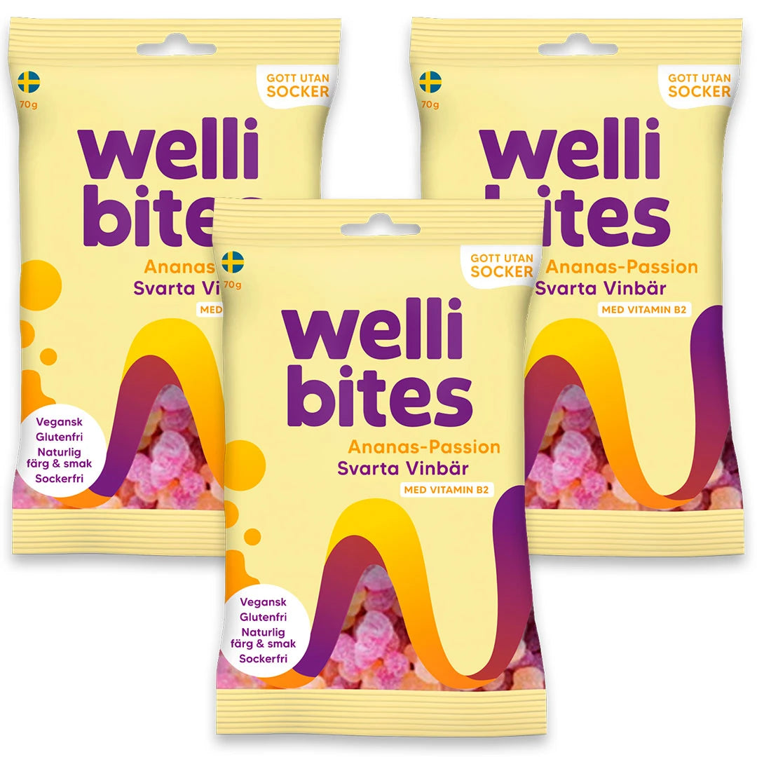 3 x Wellibites Candy 70 g Ananas-Passion & Mustaherukka