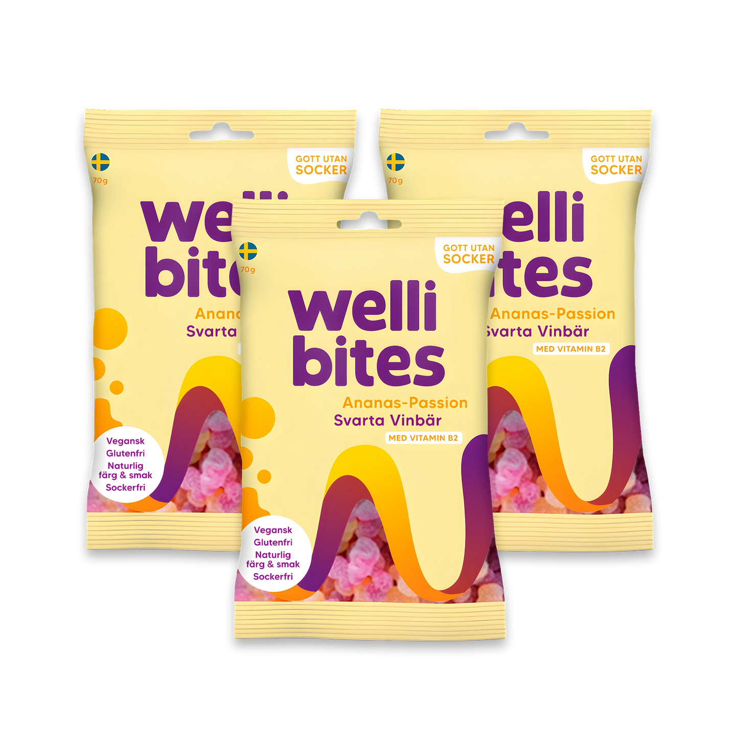 3 x Wellibites Candy 70 g Ananas-Passion &amp; Mustaherukka, kuva 1/1