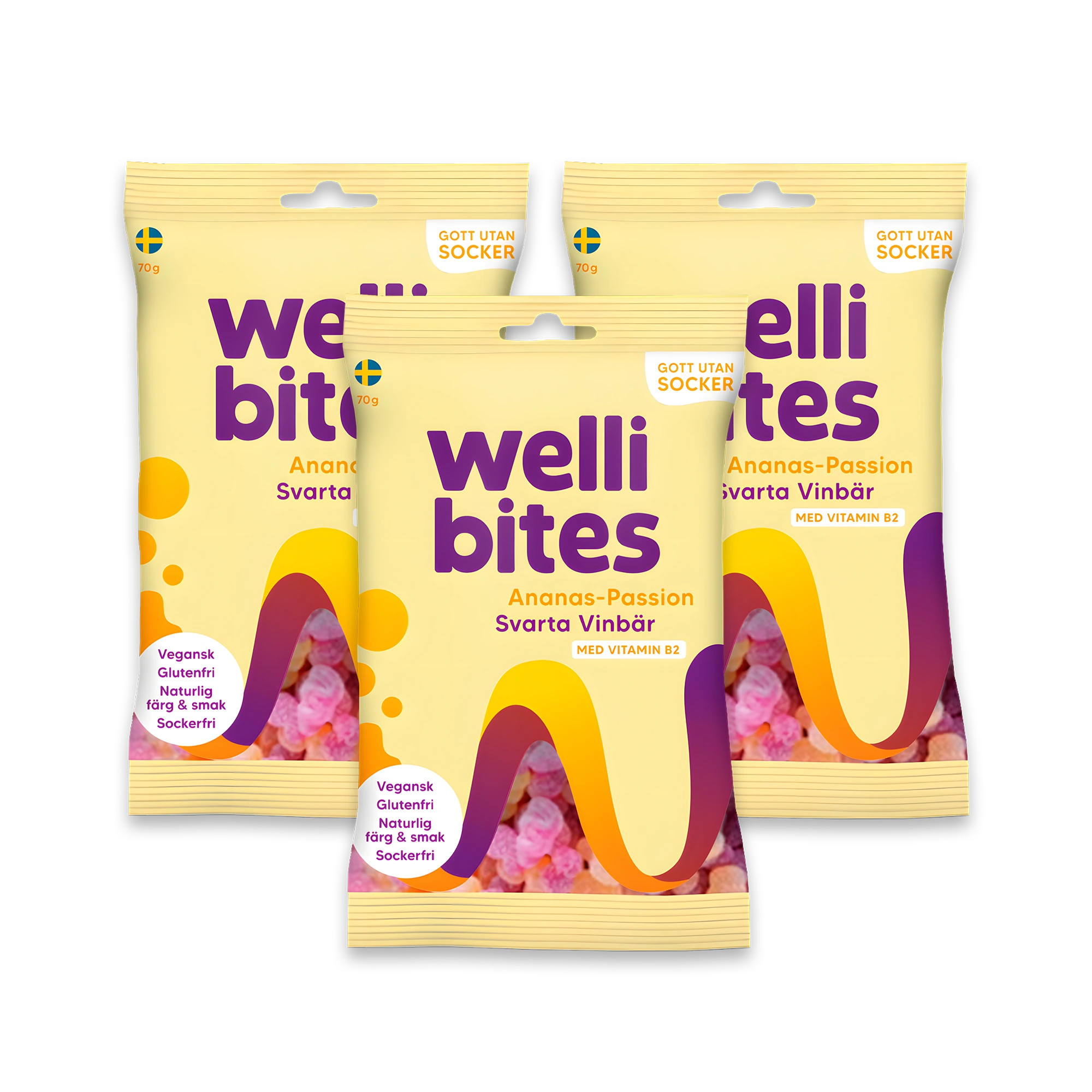 3 x Wellibites Candy 70 g Ananas-Passion &amp; Mustaherukka, kuva 1/1