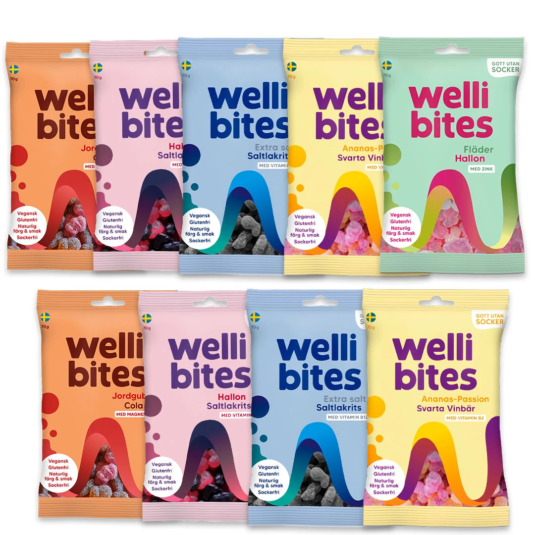 9 x Wellibites Candy 70 g värikkäissä karkkipusseissa eri mauissa, kuten mansikka-cola ja extra suolalakritsi.