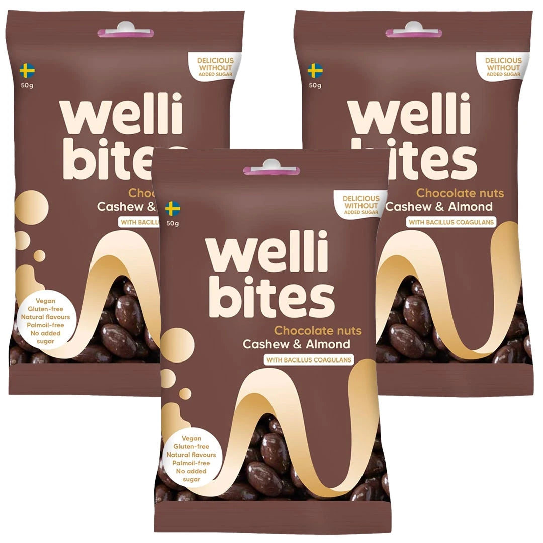 3 x Wellibites Candy 50 g Chocolate Nuts Cashew & Almond kolmessa ruskeassa pussissa vegaanista karkkia.