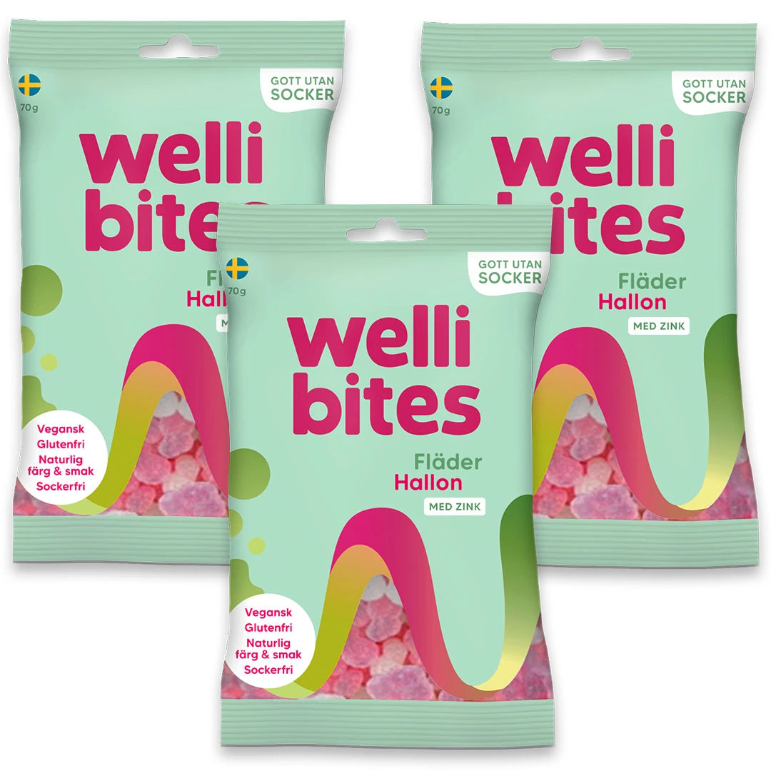 3 x Wellibites Candy 70 g vihreissä pusseissa värikkäillä yksityiskohdilla, makuna Fläder & Hallon.