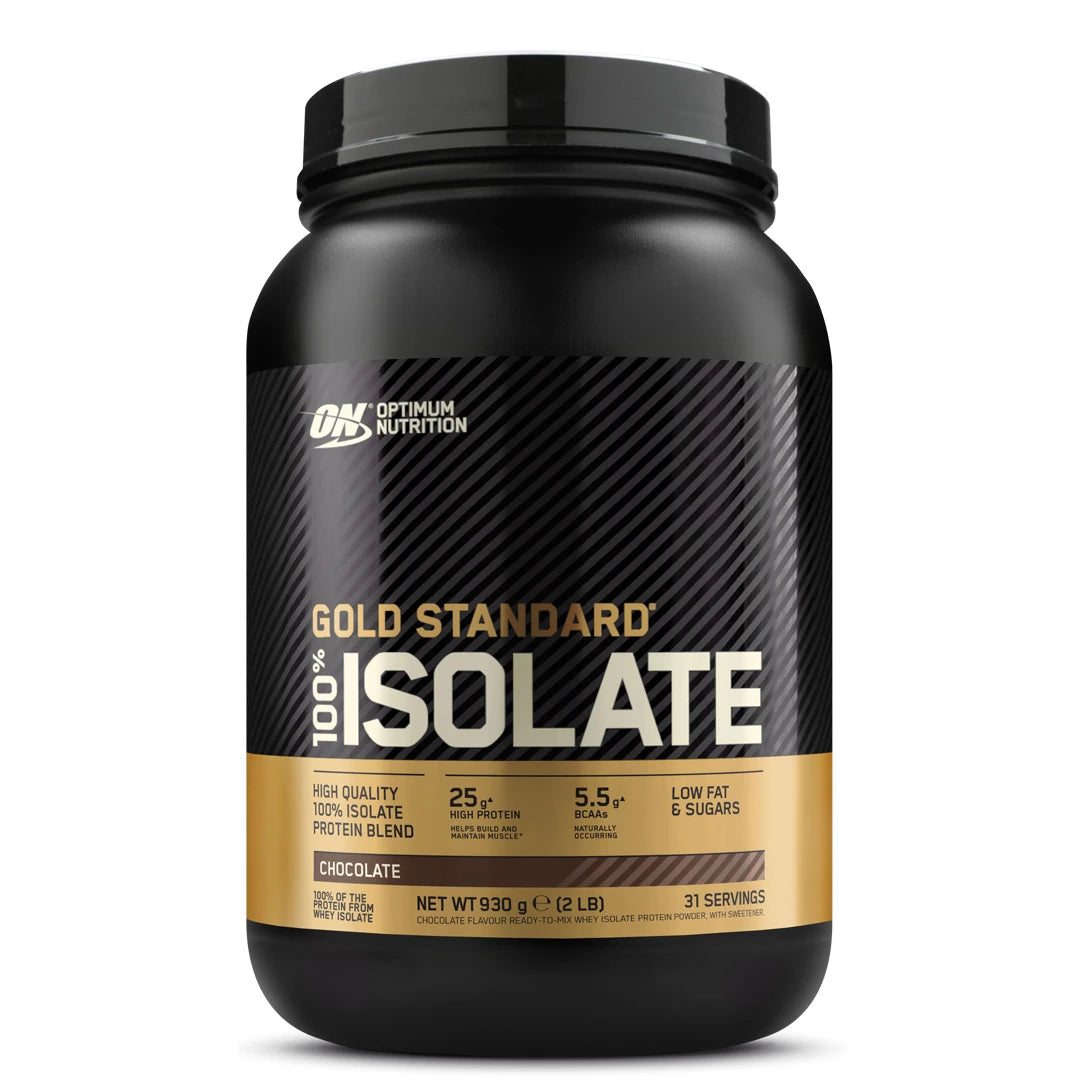 Musta kultasomisteinen purkki Optimum Nutrition 100% Gold Standard Isolate 930 g -proteiinijauhetta makuna Chocolate.