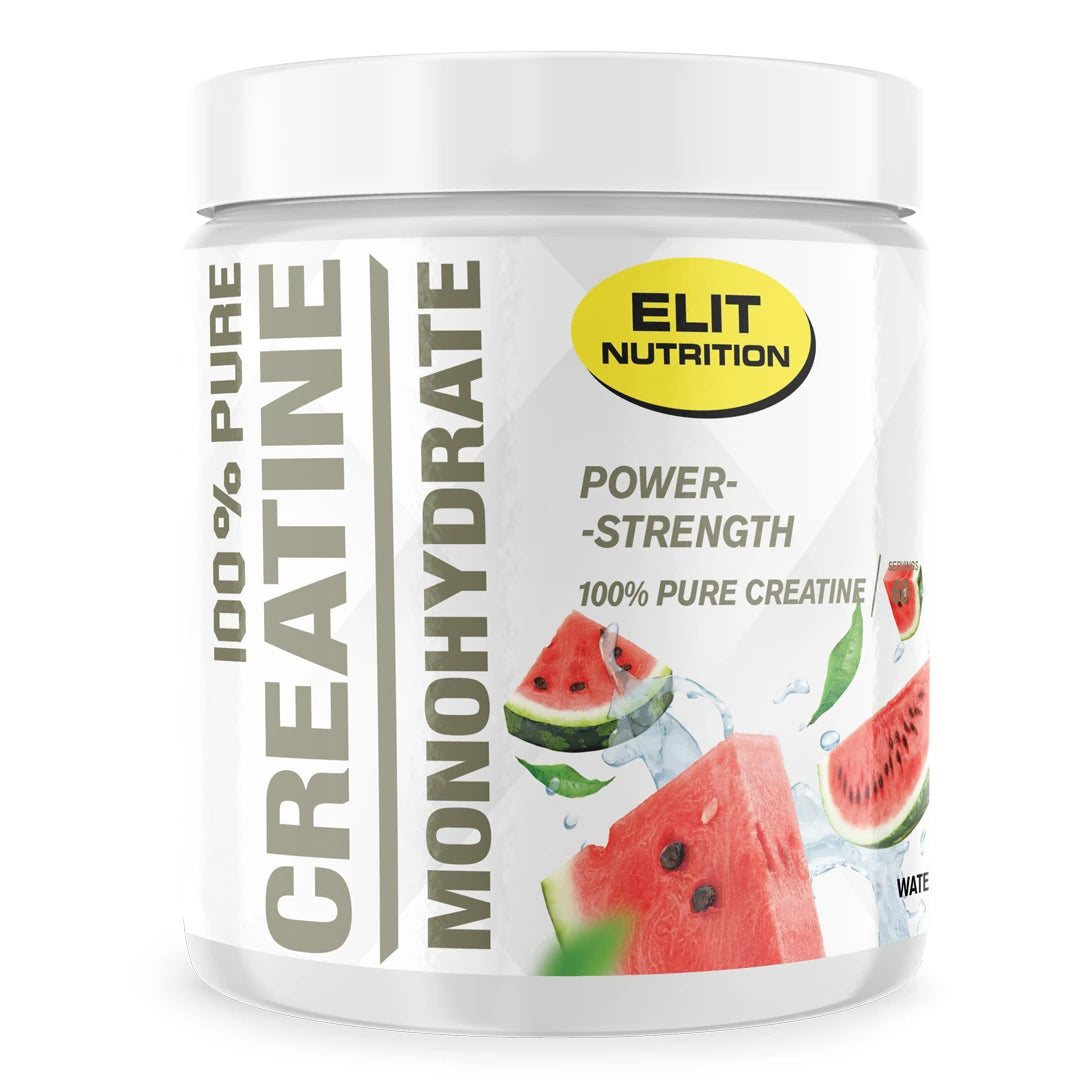 Elit Nutrition 100% Pure Creatine Monohydrate 300 g valkoisessa purkissa, jossa makuna Watermelon ja etiketissä vesimelonia.