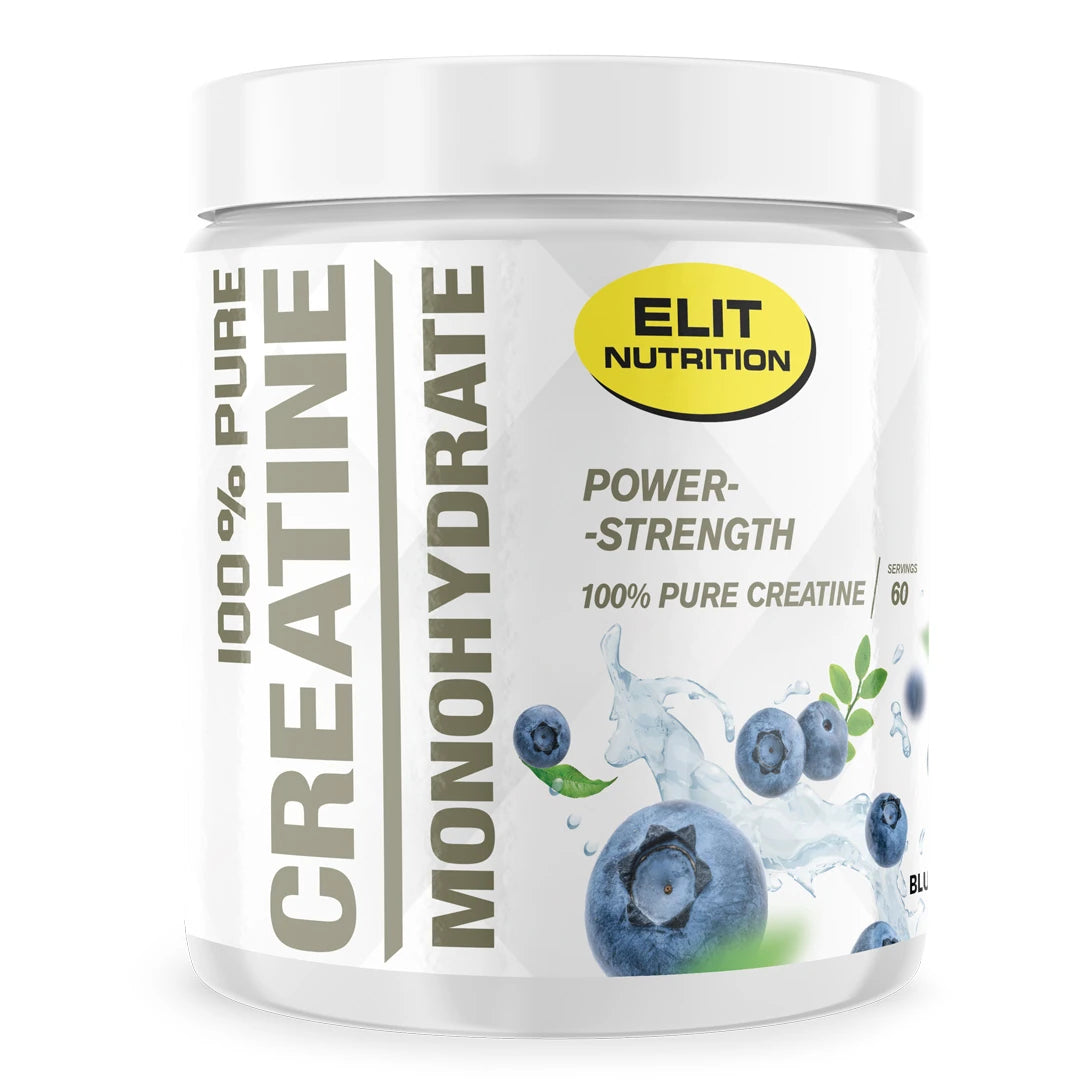Valkoinen purkki Elit Nutrition 100% Pure Creatine Monohydrate 300 g -kreatiinijauhetta Blueberry-maussa, mukana mustikoita.