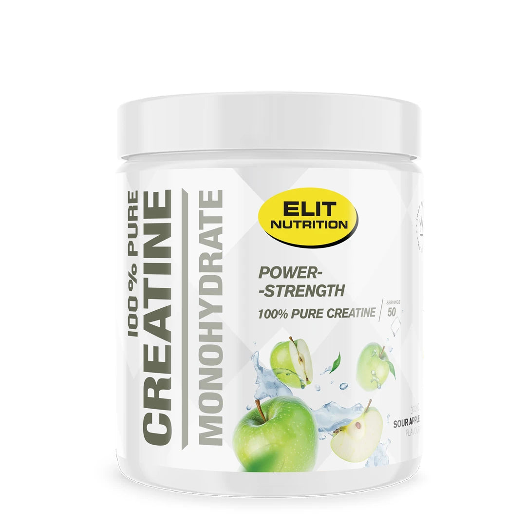 Elit Nutrition 100% Pure Creatine Monohydrate 300 g -kreatiinijauhe valkoisessa purkissa, makuna Sour Apple.