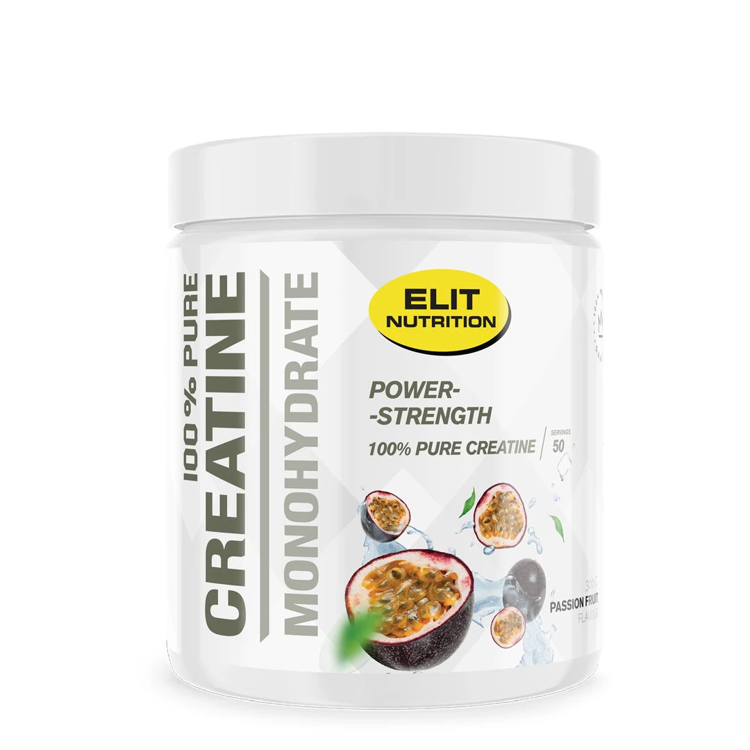 Elit Nutrition 100% Pure Creatine Monohydrate 300 g -kreatiinijauhe valkoisessa purkissa, makuna Passion.