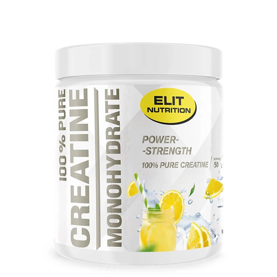 Elit Nutrition 100% Pure Creatine Monohydrate 300 g valkoisessa purkissa, jossa sitruunat viittaavat makuun Lemonade.