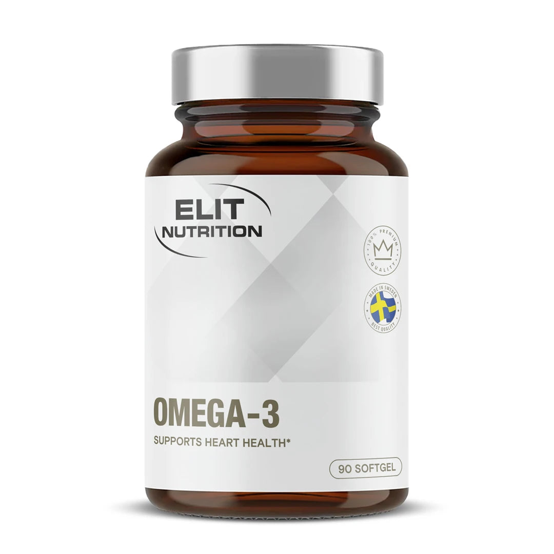 Elit Nutrition Omega-3 90 softgel tummanruskeassa purkissa, jossa on valkoinen etiketti ja hopeinen kansi.