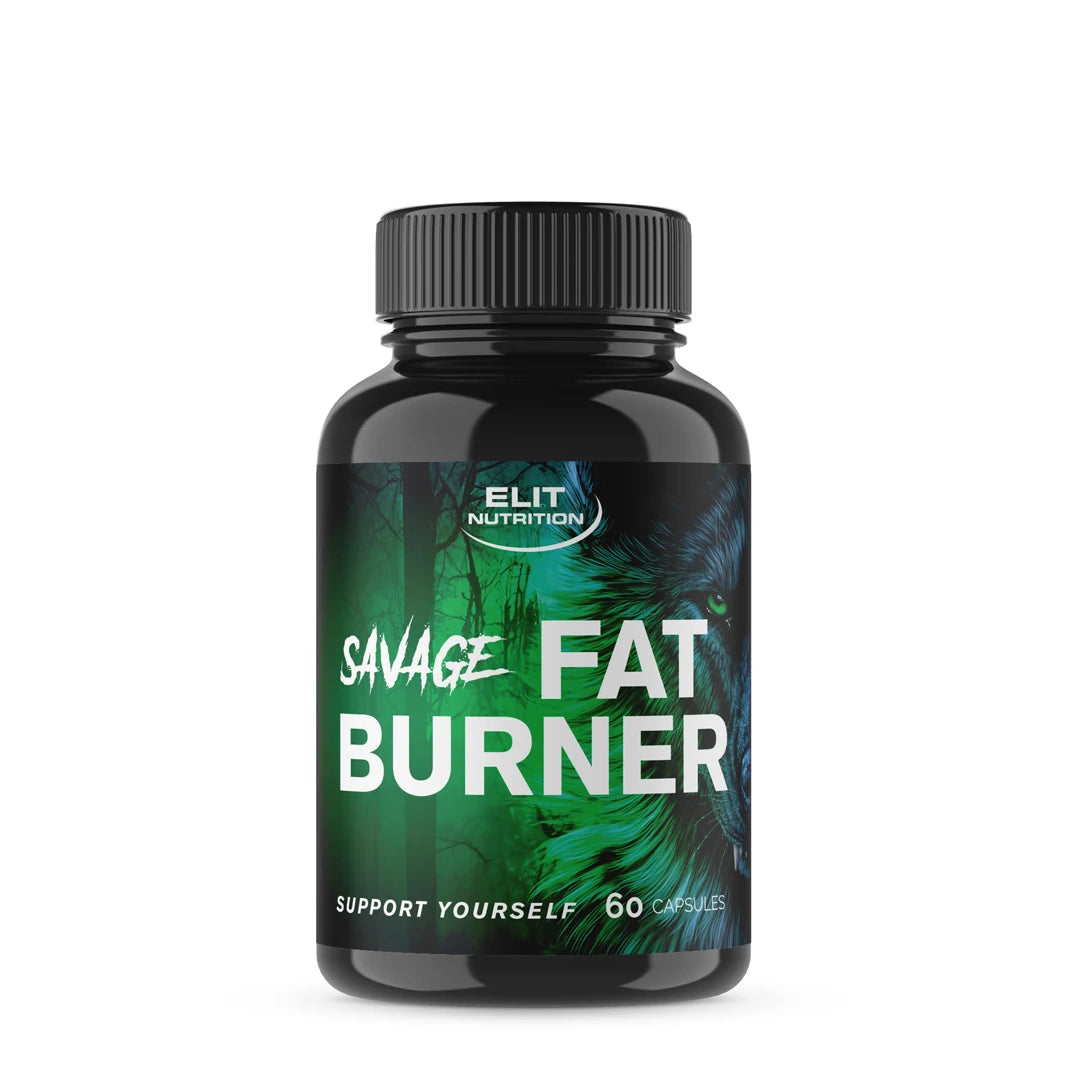 Elit Nutrition Savage FAT Burner 90 caps -rasvanpolttaja mustassa purkissa, jossa on tummanvihreä design.