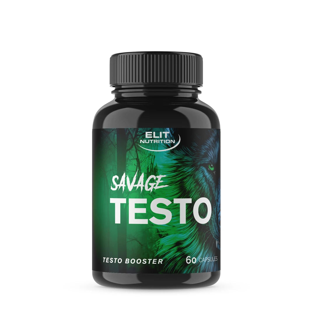 Elit Nutrition Savage TESTO -testosteronibuusteri (60 caps) mustassa purkissa, jossa on vihreä etiketti ja eläinkuvio.
