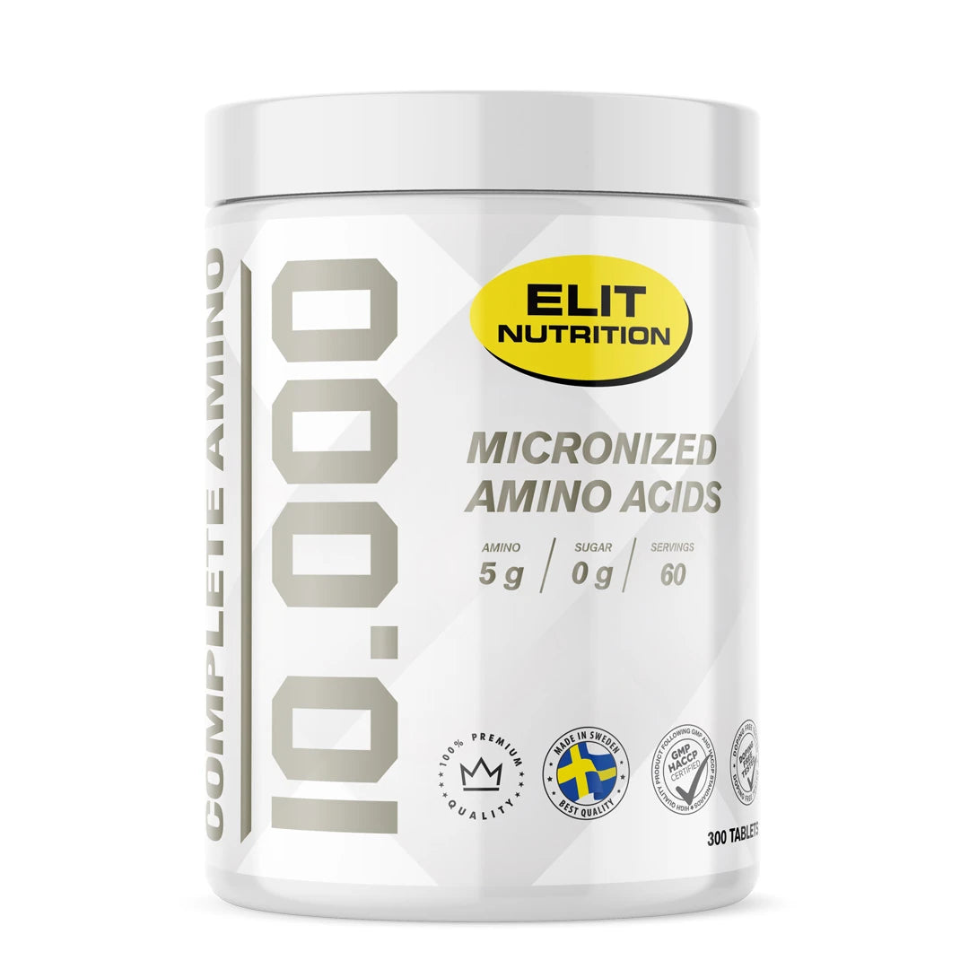 Elit Nutrition Complete Amino 10.000 300 tabs valkoisessa purkissa keltaisilla ja mustilla yksityiskohdilla.