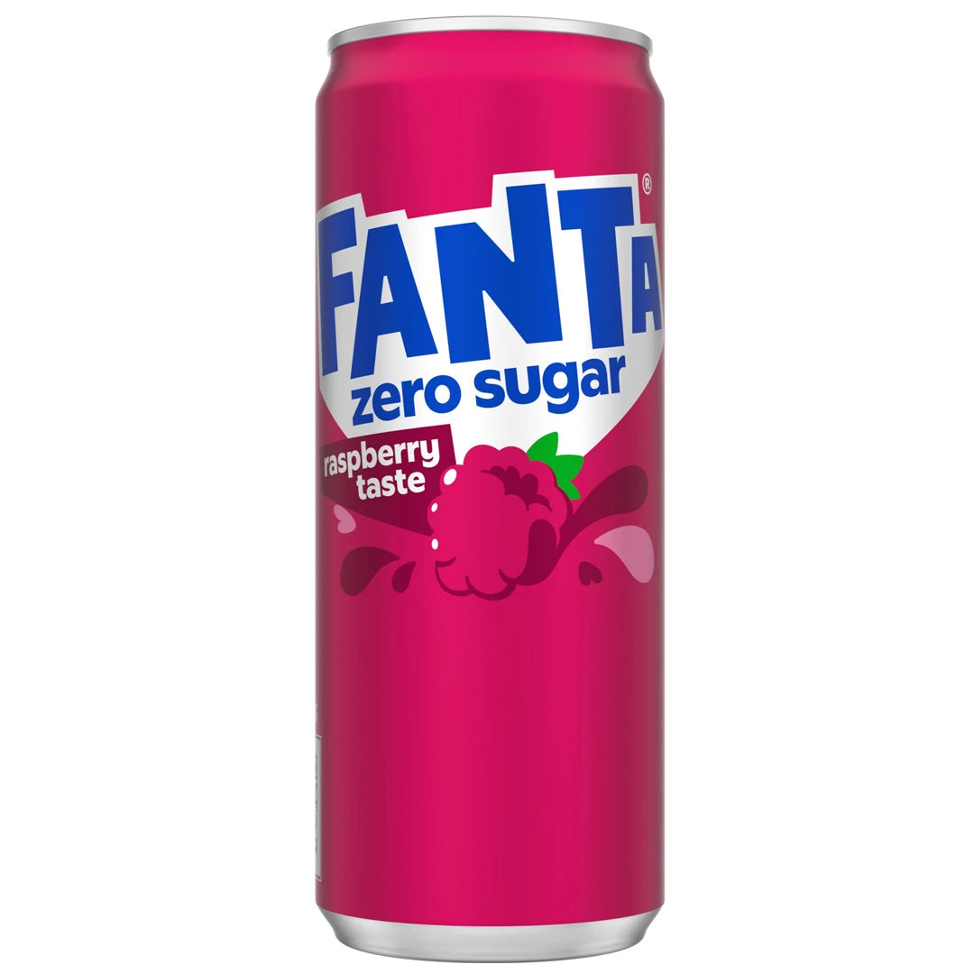 En mörkrosa burk Fanta Zero 330 ml med smaken Raspberry.