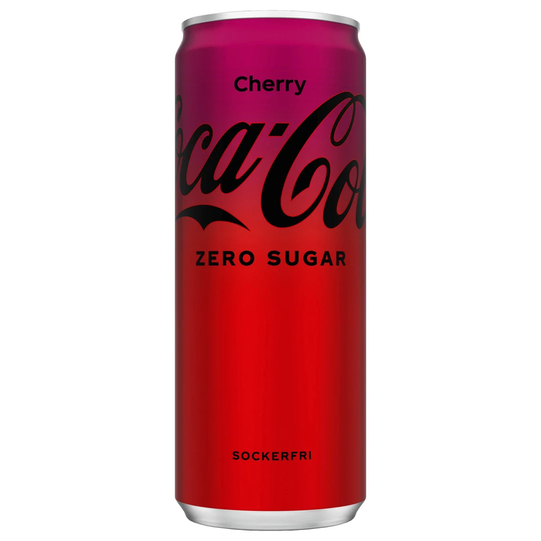 Coca-Cola Zero 330 ml punaisessa ja tummanroosassa tölkissä, makuna Cherry.