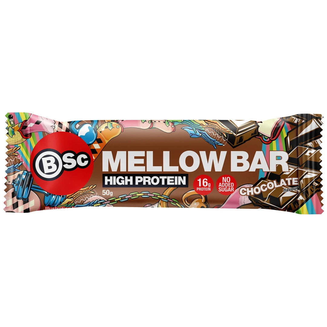 BSc Mellow Bar 50 g -proteiinipatukka ruskeassa kääreessä, jossa on värikkäitä kuvituksia, makuna Chocolate.