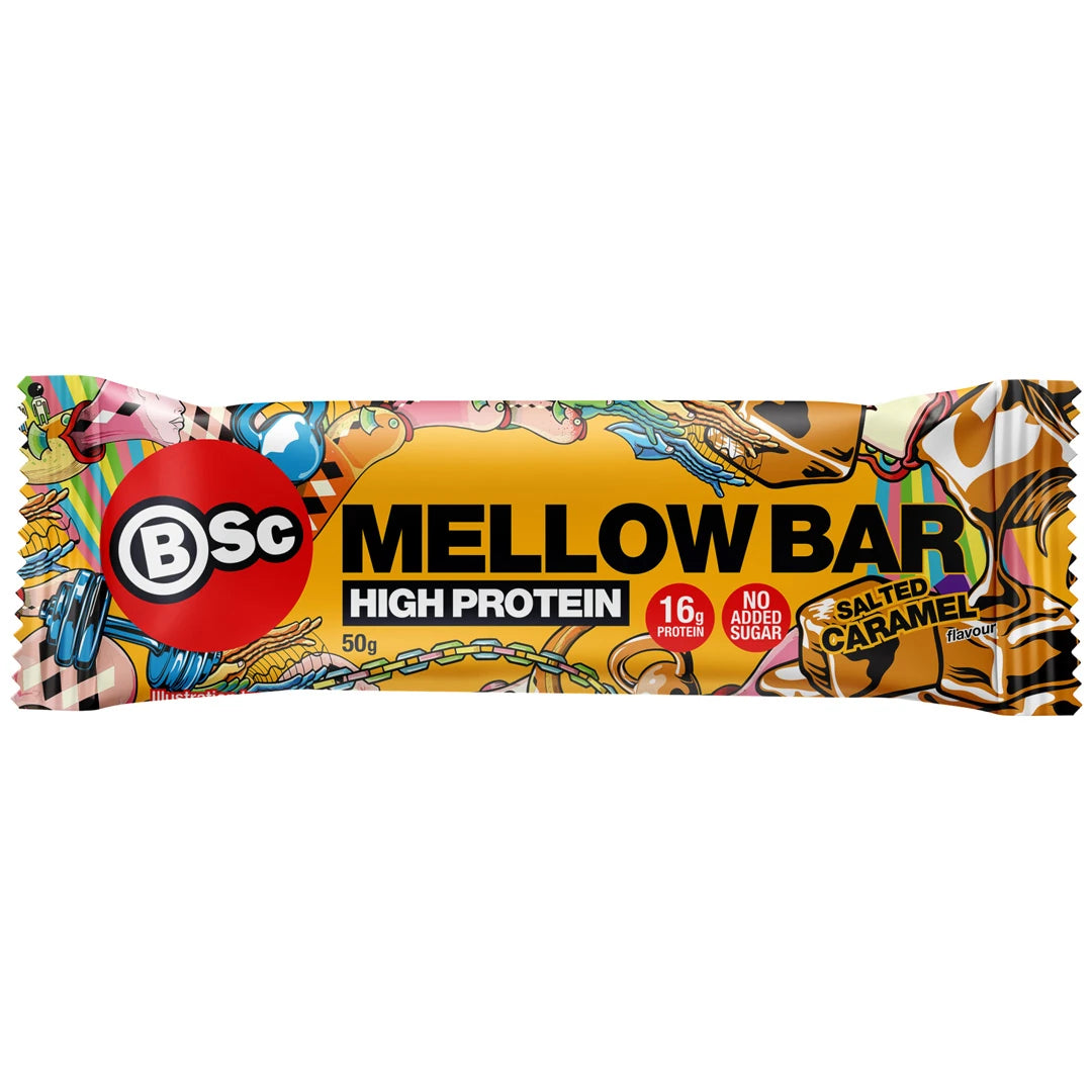 BSc Mellow Bar 50 g -proteiinipatukka oranssissa kääreessä värikkäillä yksityiskohdilla, makuna Salted Caramel., kuva 3/4