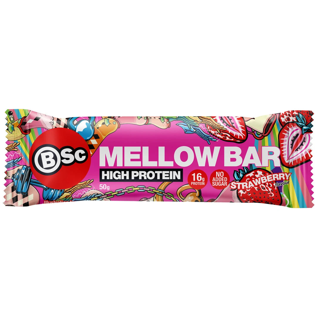 BSc Mellow Bar 50 g -proteiinipatukka värikkäässä vaaleanpunaisessa mansikkakuvioidussa pakkauksessa, makuna Strawberry.
