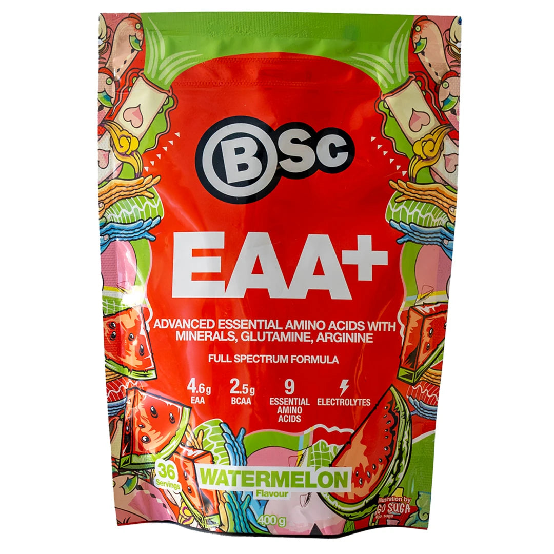 BSc EAA 400 g -ravintolisäjauhe punaisessa pussissa, jossa on vesimelonikuvitusta ja vihreitä yksityiskohtia.