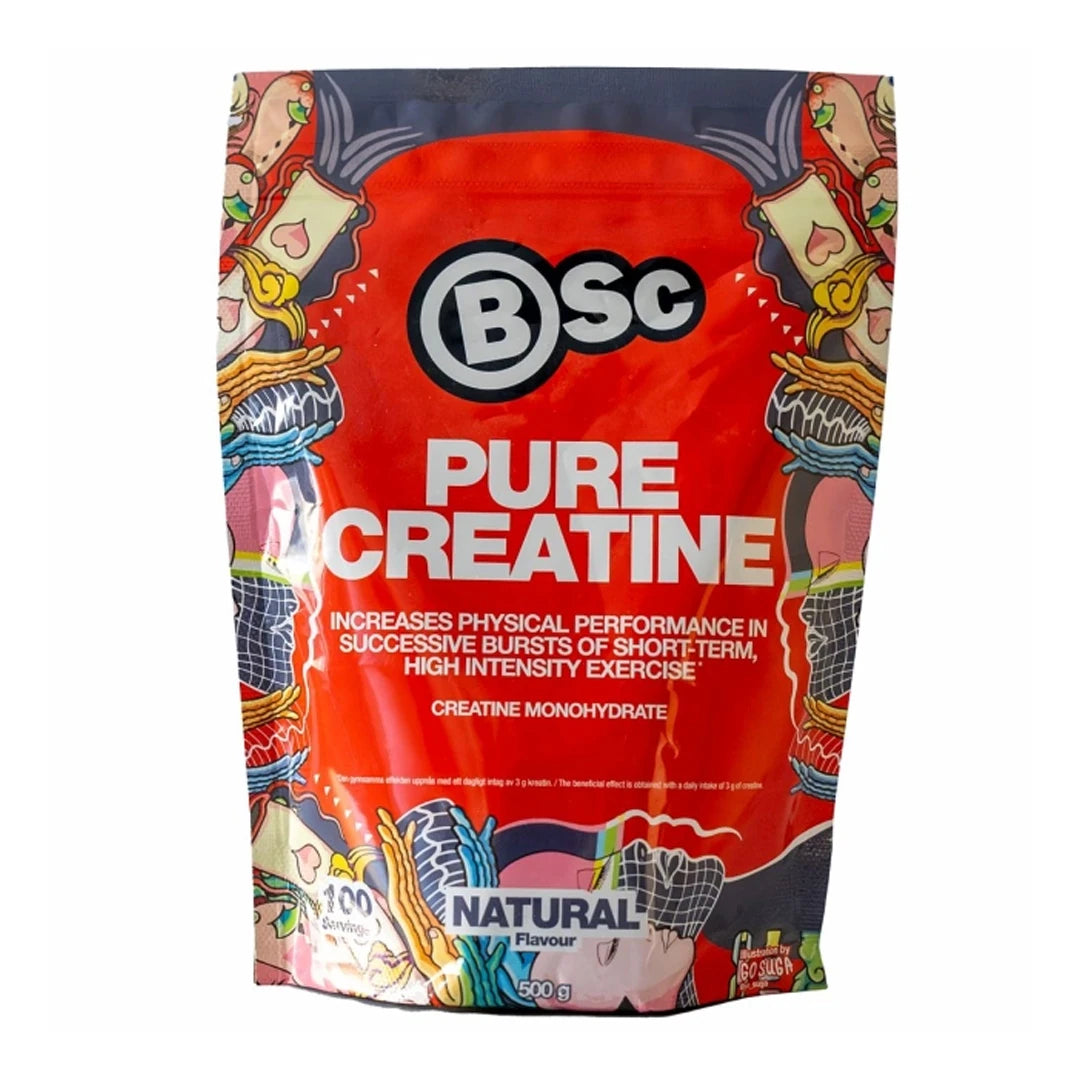 Maustamaton BSc Pure Creatine Kreatin 500 g -jauhe punaisessa, värikkäästi kuvitetussa pussissa.