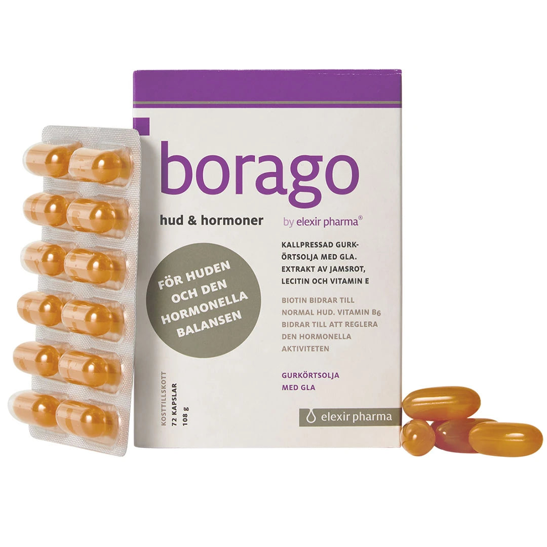 Elexir Pharma Borago 72 caps valko-liilassa rasiassa, vieressä läpipainopakkaus ja oransseja kapseleita.