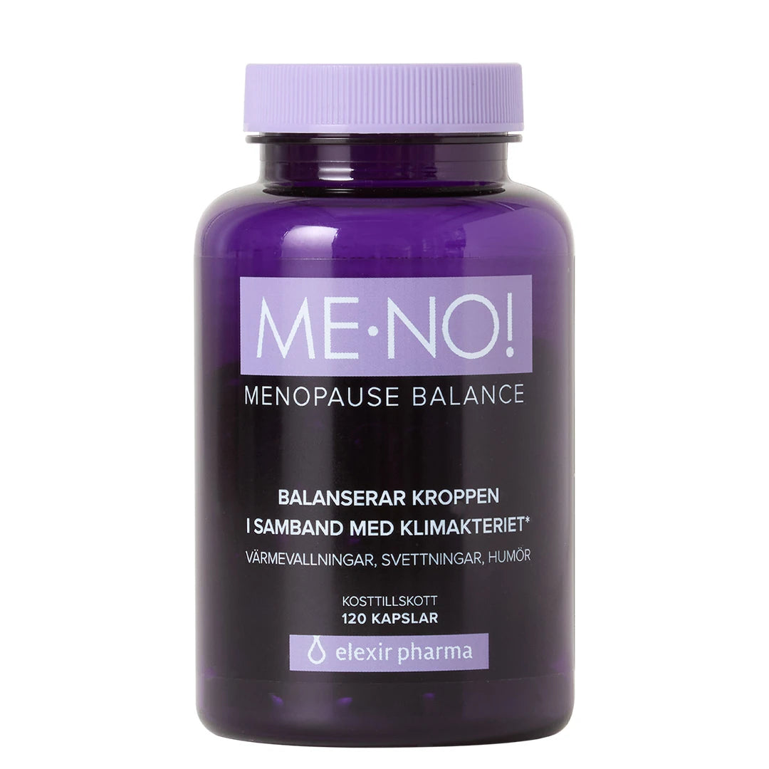 Elexir Pharma ME-NO 120 caps tummanvioletissa purkissa vaaleanvioletilla kannella, ravintolisä vaihdevuosiin.