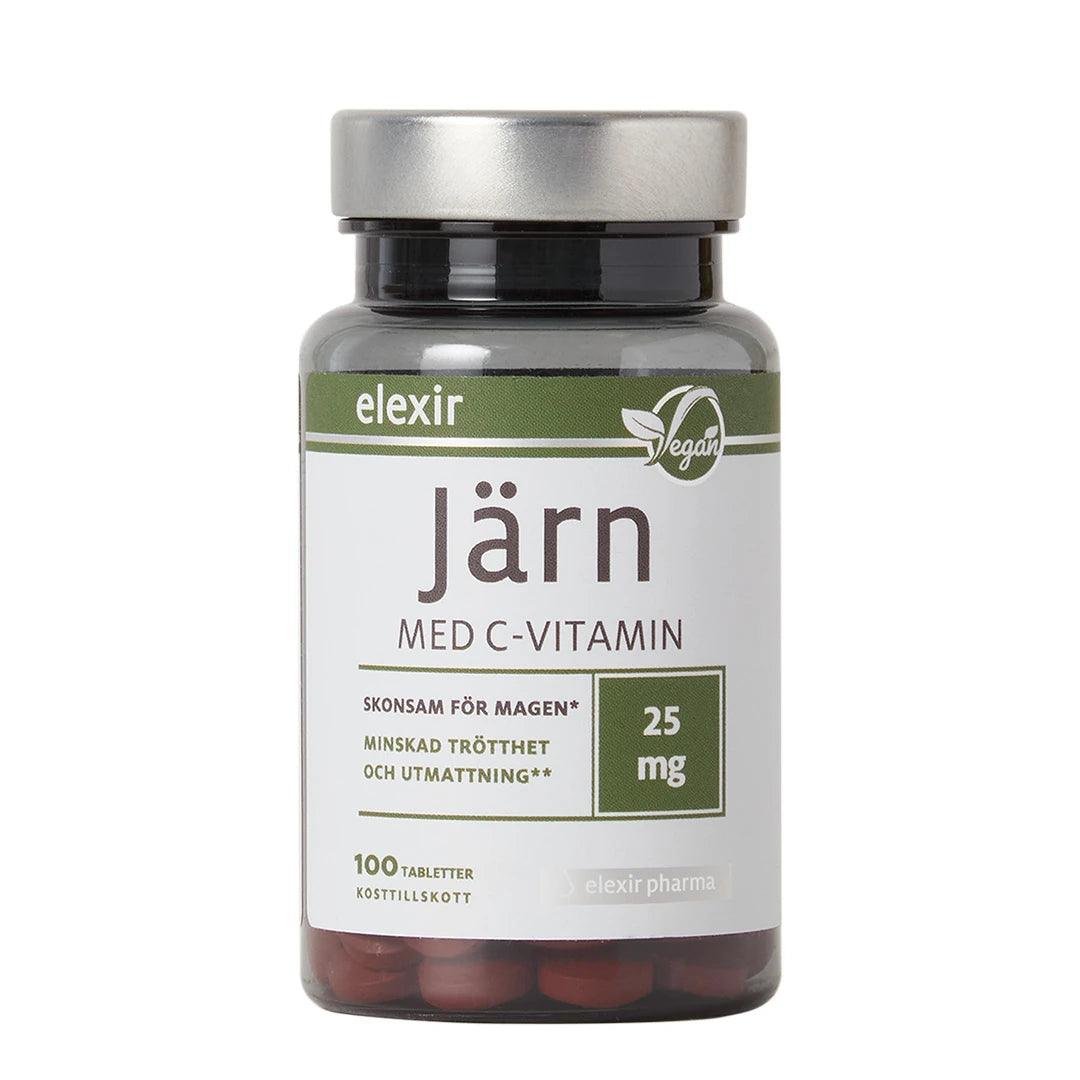 Elexir Pharma Järn med C-vitamin 100 tabs -ravintolisä tummassa muovipurkissa valkoisella etiketillä ja hopeakannella.