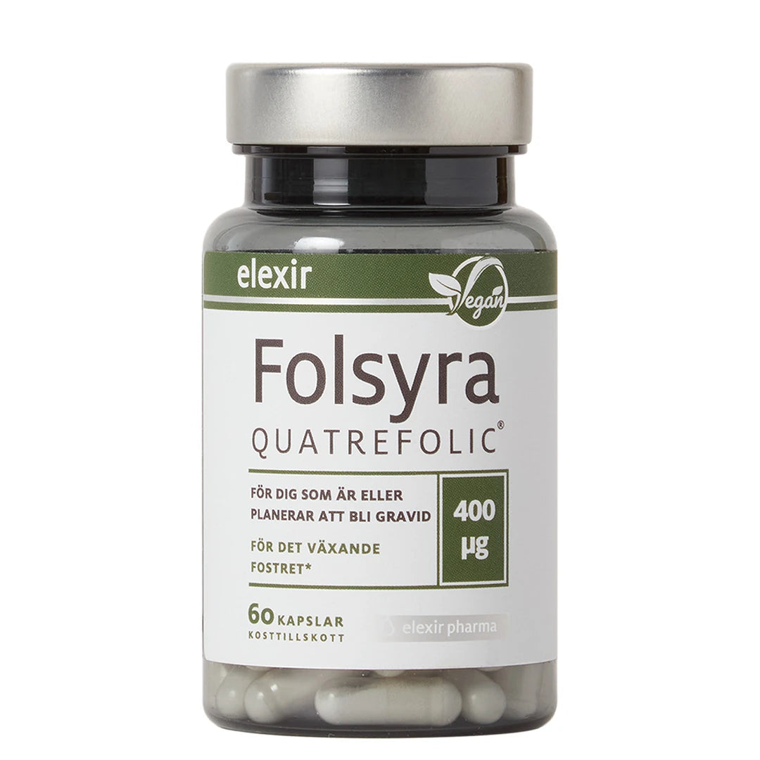 Elexir Pharma Folsyra 60 caps tummassa muovipurkissa, jossa on hopea kansi, valkoinen etiketti ja vihreitä yksityiskohtia.