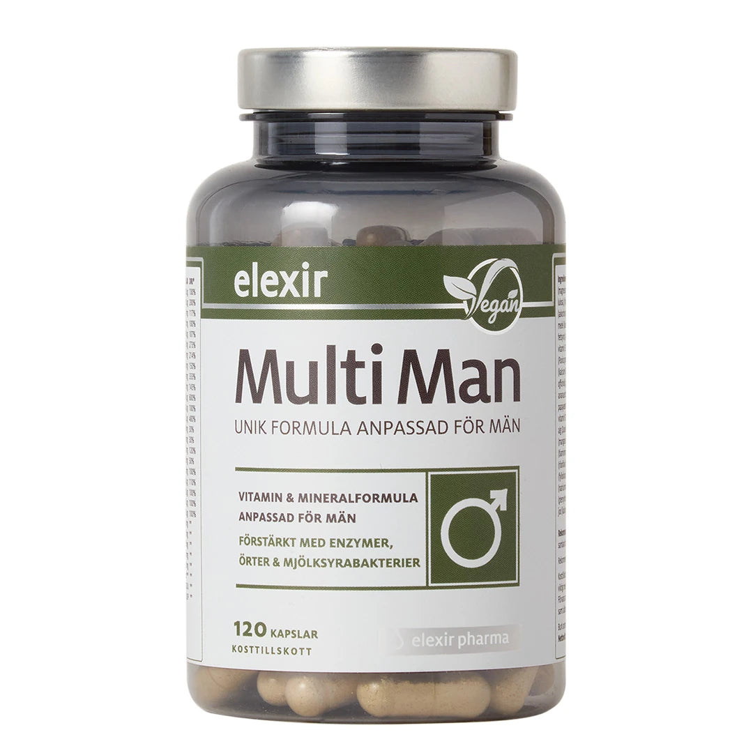 Elexir Pharma Multi Man 120 caps -monivitamiini tummassa, läpinäkyvässä purkissa hopeakannella.