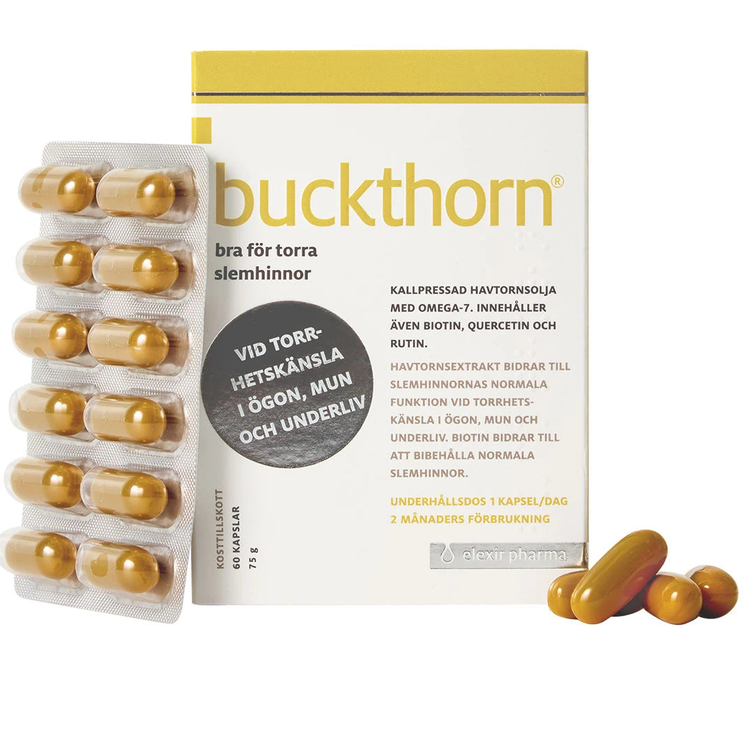 Elexir Pharma Buckthorn 60 caps valkoisessa rasiassa, vieressä läpipainopakkaus kultaisia kapseleita.