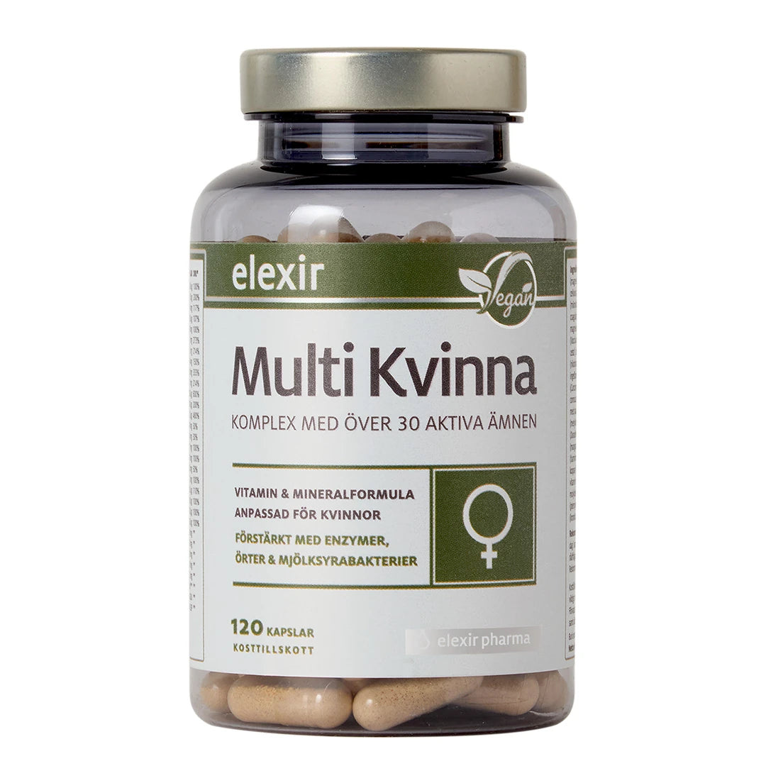 Elexir Pharma Multi Kvinna 120 caps läpinäkyvässä purkissa metallikannella ja valkovihreällä etiketillä.