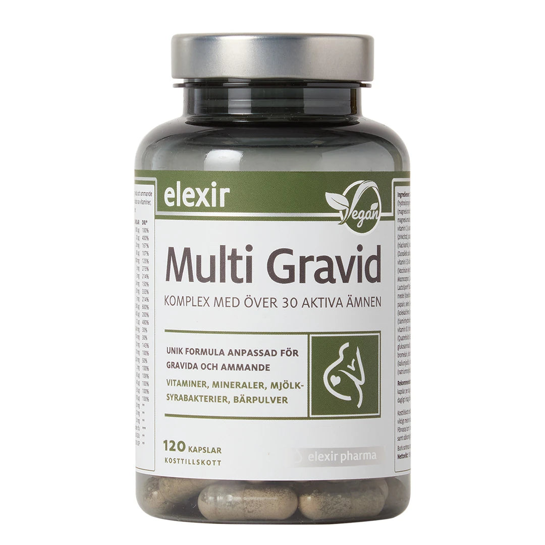Elexir Pharma Multi Gravid 120 caps -monivitamiini tummassa läpinäkyvässä purkissa hopeakannella ja vihreällä etiketillä.