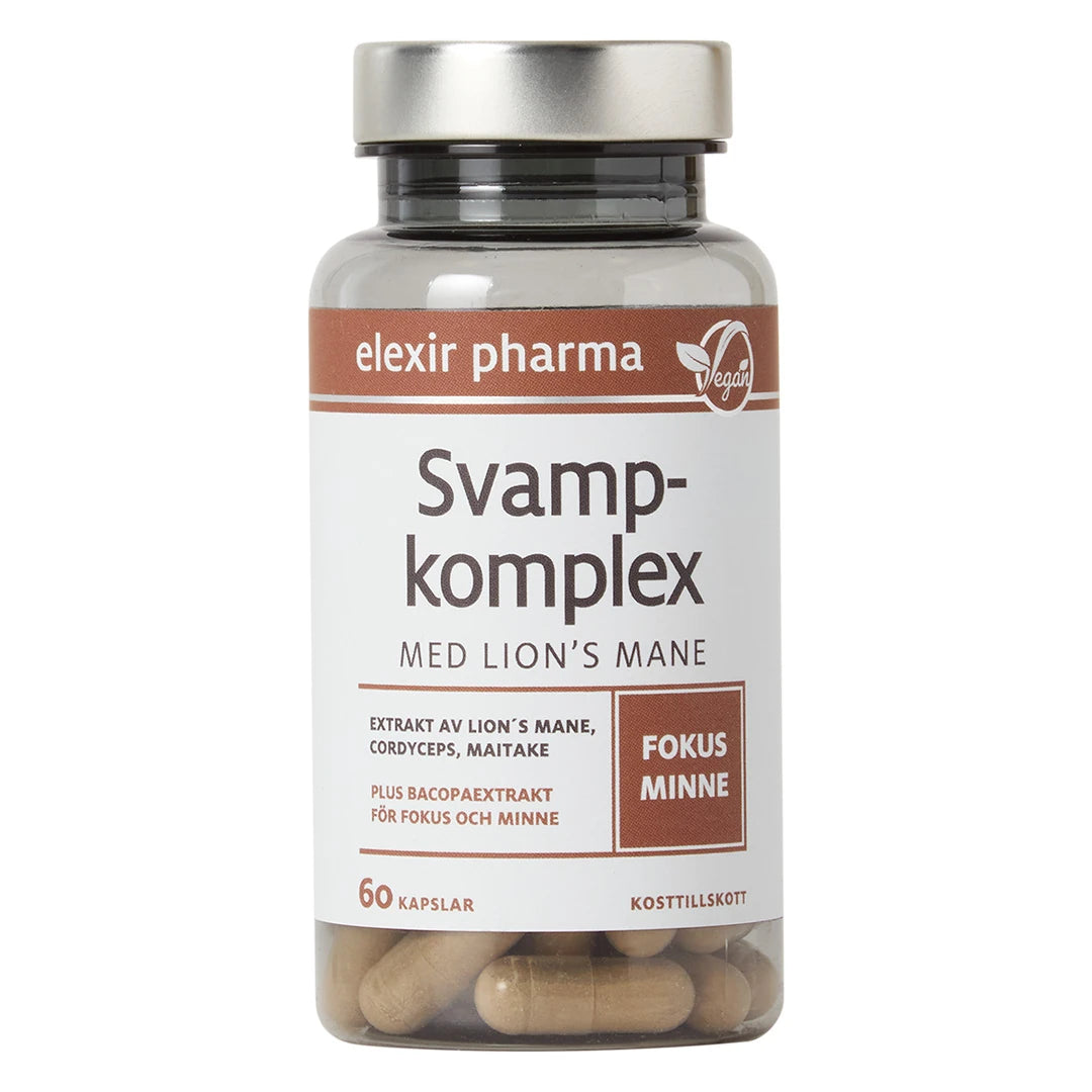 Elexir Pharma Svampkomplex med Lions mane 60 caps läpinäkyvässä purkissa, jossa on valkoinen etiketti ja hopeakansi.