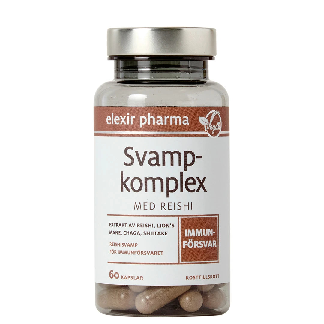 Elexir Pharma Svampkomplex med Reishi 60 caps läpinäkyvässä purkissa valkoisella etiketillä ja hopeanvärisellä kannella.